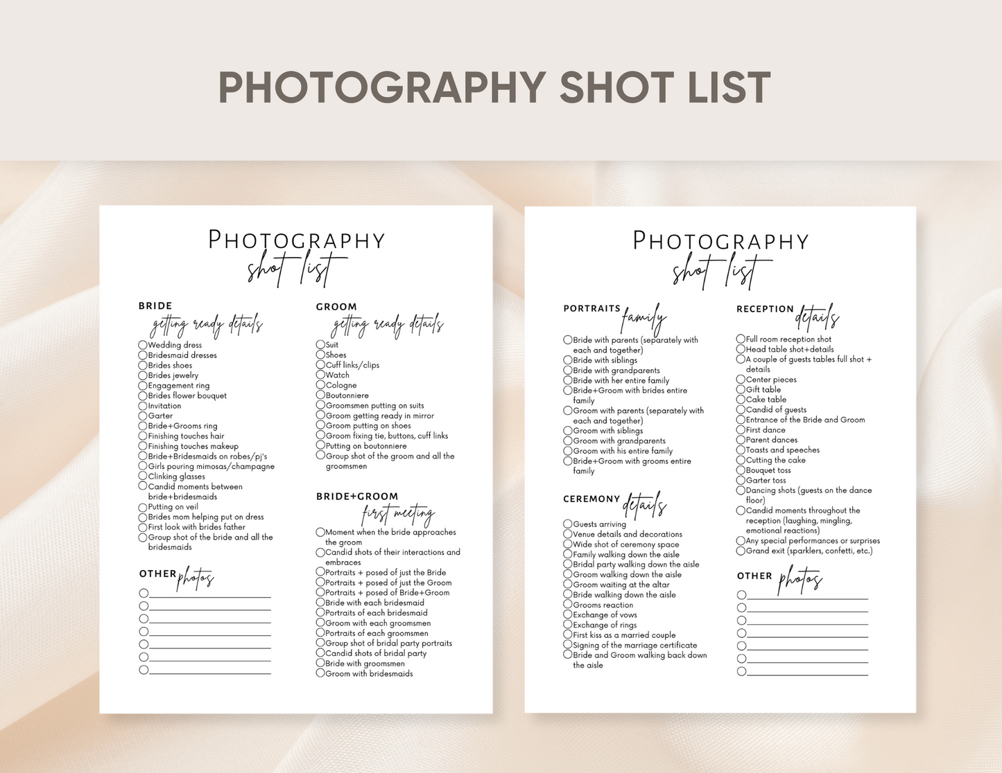 Wedding planning checklist and wedding timelines, photography shot list